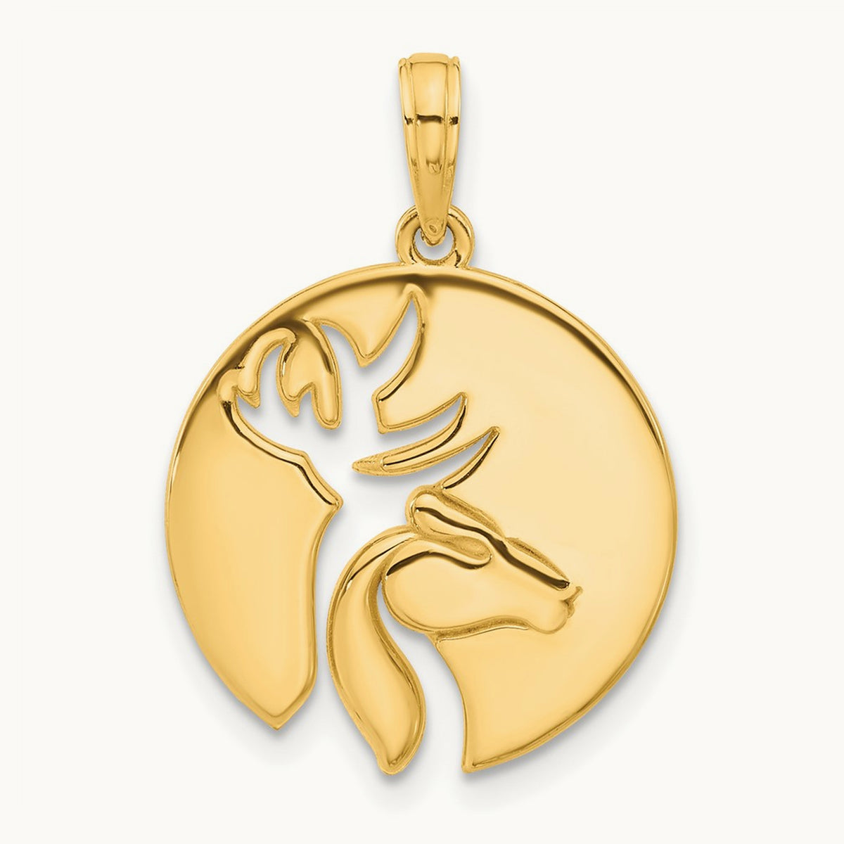 Polished Cut-out Deer Head Circle Pendant, 14K