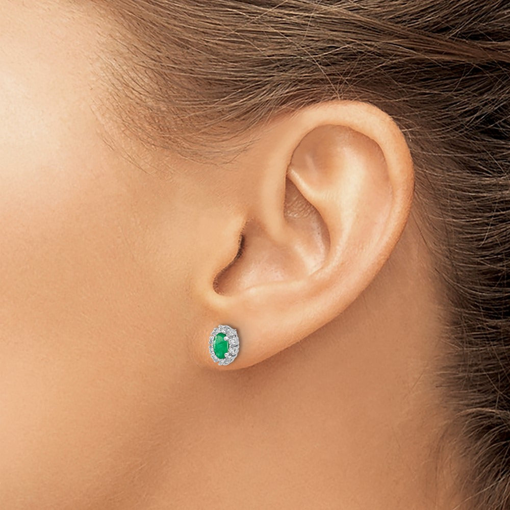 Diamond and Emerald Oval Halo Earrings — 14K White Gold