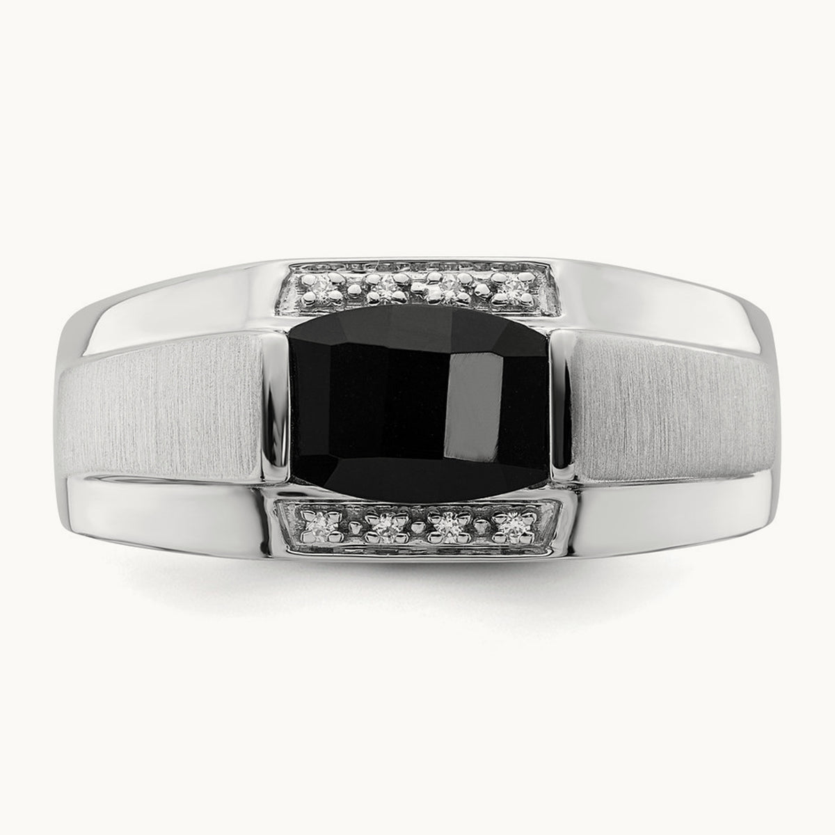 Polished & Satin Onyx & Diamond Mens Ring, 14K White Gold