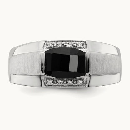 Polished & Satin Onyx & Diamond Mens Ring, 14K White Gold