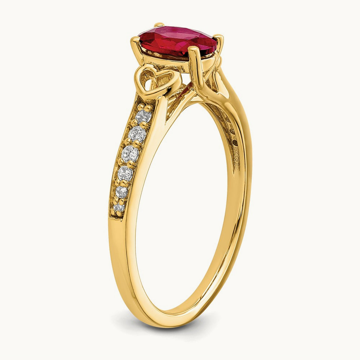 Polished Side Hearts Ruby and Diamond Ring, 14K