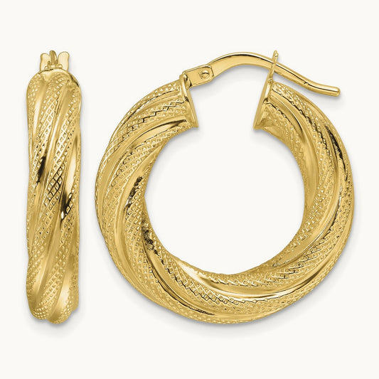 Polished Textured Twist Round Hoop Earrings — 14K Yellow Gold