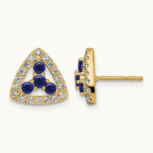 Created Sapphire Triangle Post Earrings, 0.25 ct tw Lab-Grown Diamond — 14K Yellow Gold