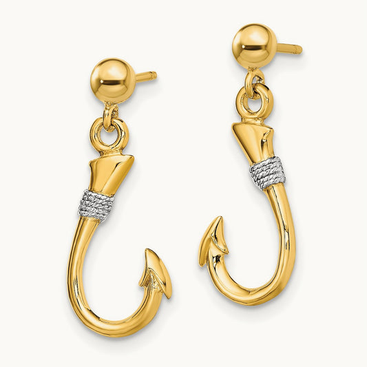 w/Rhodium 3-D Fish Hook W/ Rope Dangle Earrings, 14K