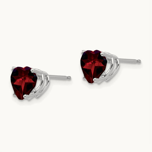 Heart Garnet Earrings, 7mm, 14K White Gold