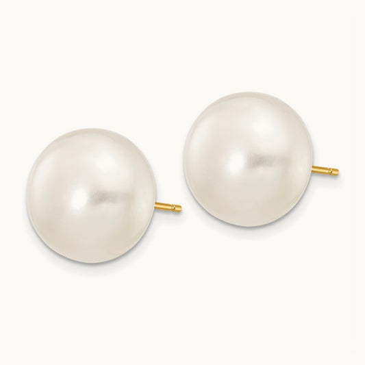 12- White Button Freshwater Cultured Pearl Stud Post Earrings, 13mm, 14K