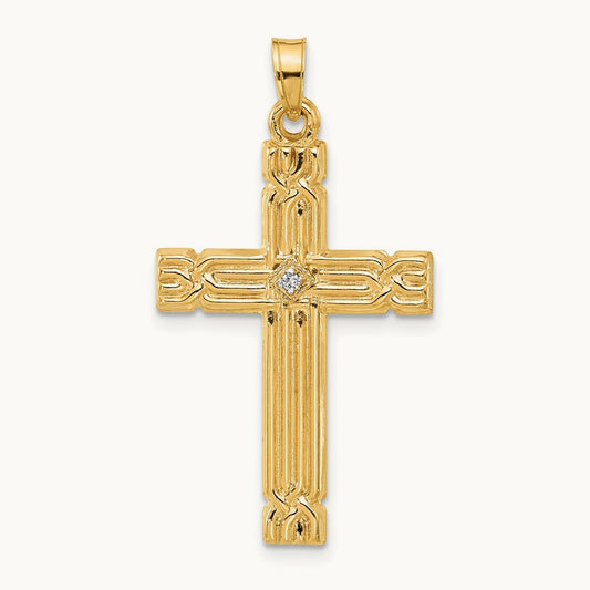 Polished and Grooved Hollow Diamond Cross Pendant, 14K