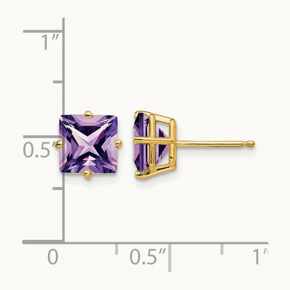 Princess Cut Amethyst Earrings, 7mm, 14K