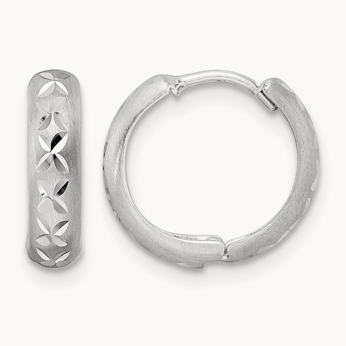 Diamond-cut X Satin 3x13mm Hinged Hoop Earrings — 14K White Gold