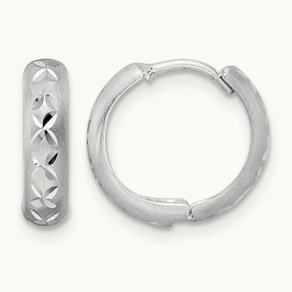 Diamond-cut X Satin 3x13mm Hinged Hoop Earrings — 14K White Gold