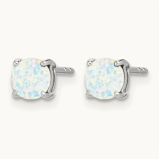 Round Created Opal Earrings, 14K White Gold