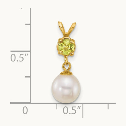 7- Round White FWC Pearl and Peridot Pendant, 8mm, 14K
