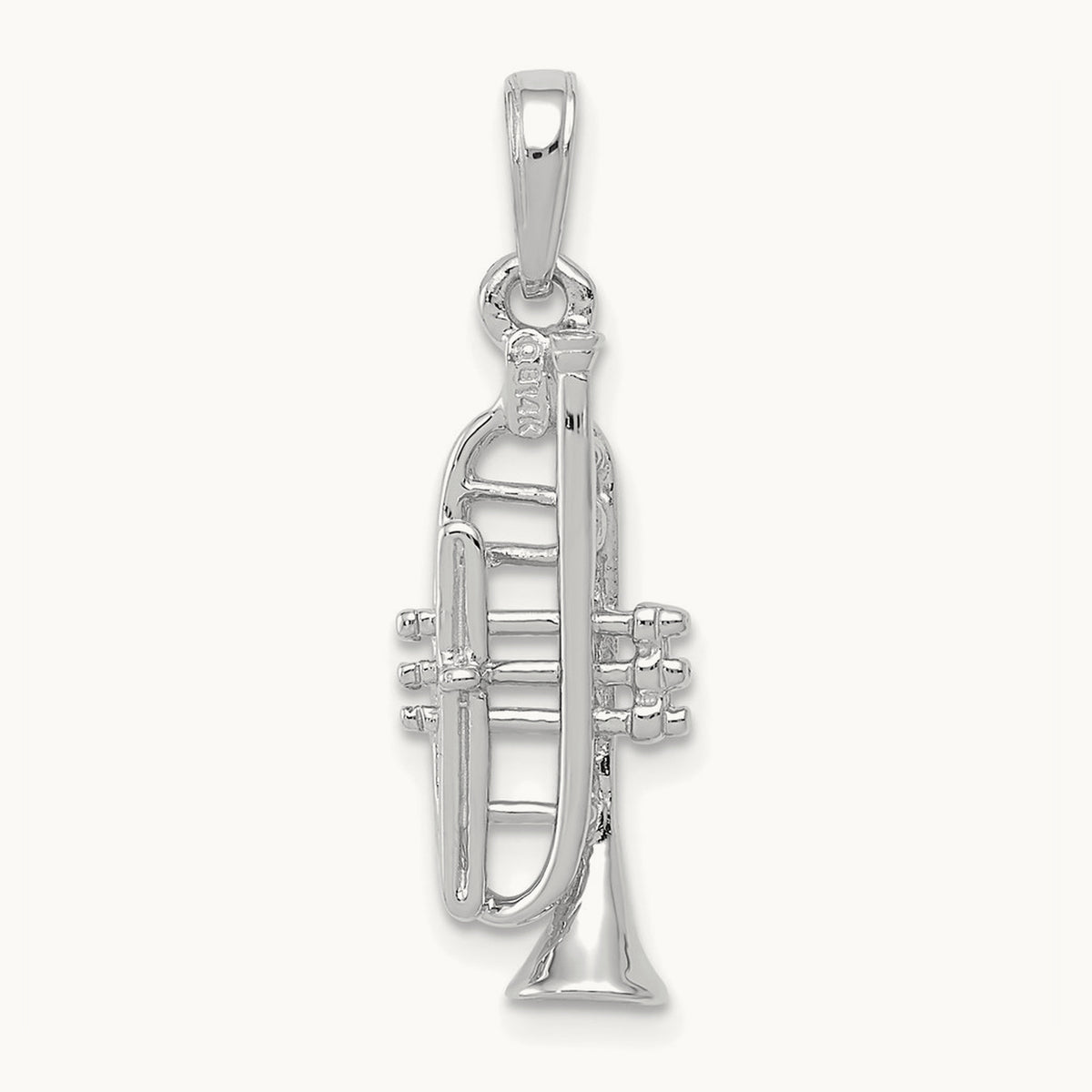 Solid Polished 3-D Trumpet Pendant — 14K White Gold