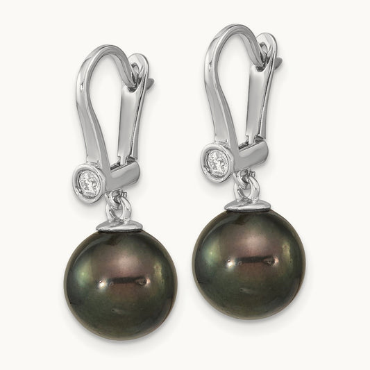9- Round Black Saltwater Tahitian Pearl .10ct Dia. Dang, 10mm, 14K White Gold