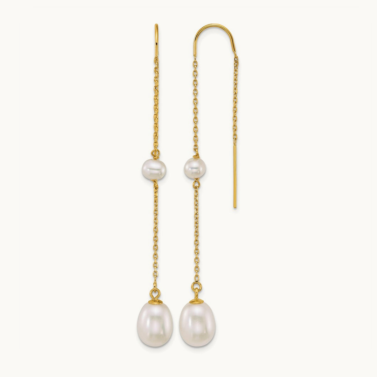 Near-Round/Teardrop White Freshwater Cultured Pearl Threader Earrings, 14K