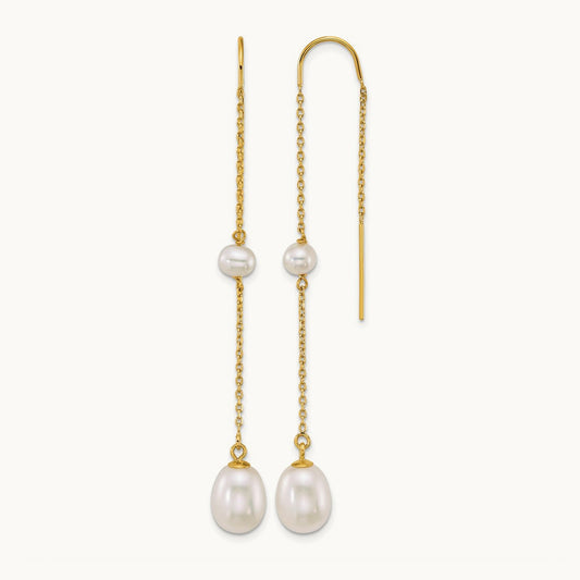 Near-Round/Teardrop White Freshwater Cultured Pearl Threader Earrings, 14K