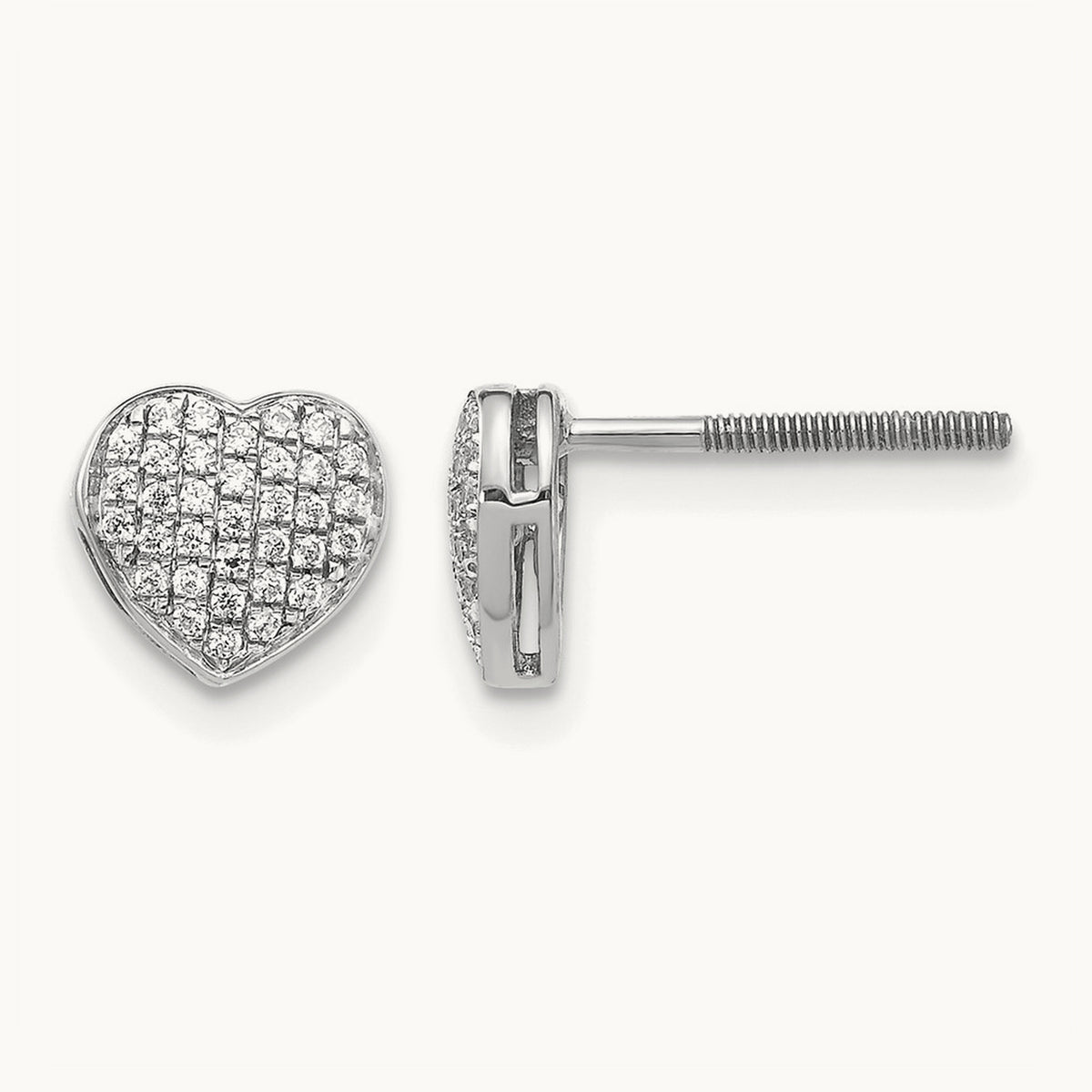 Diamond Heart Screw Back Post Earrings — 14K White Gold