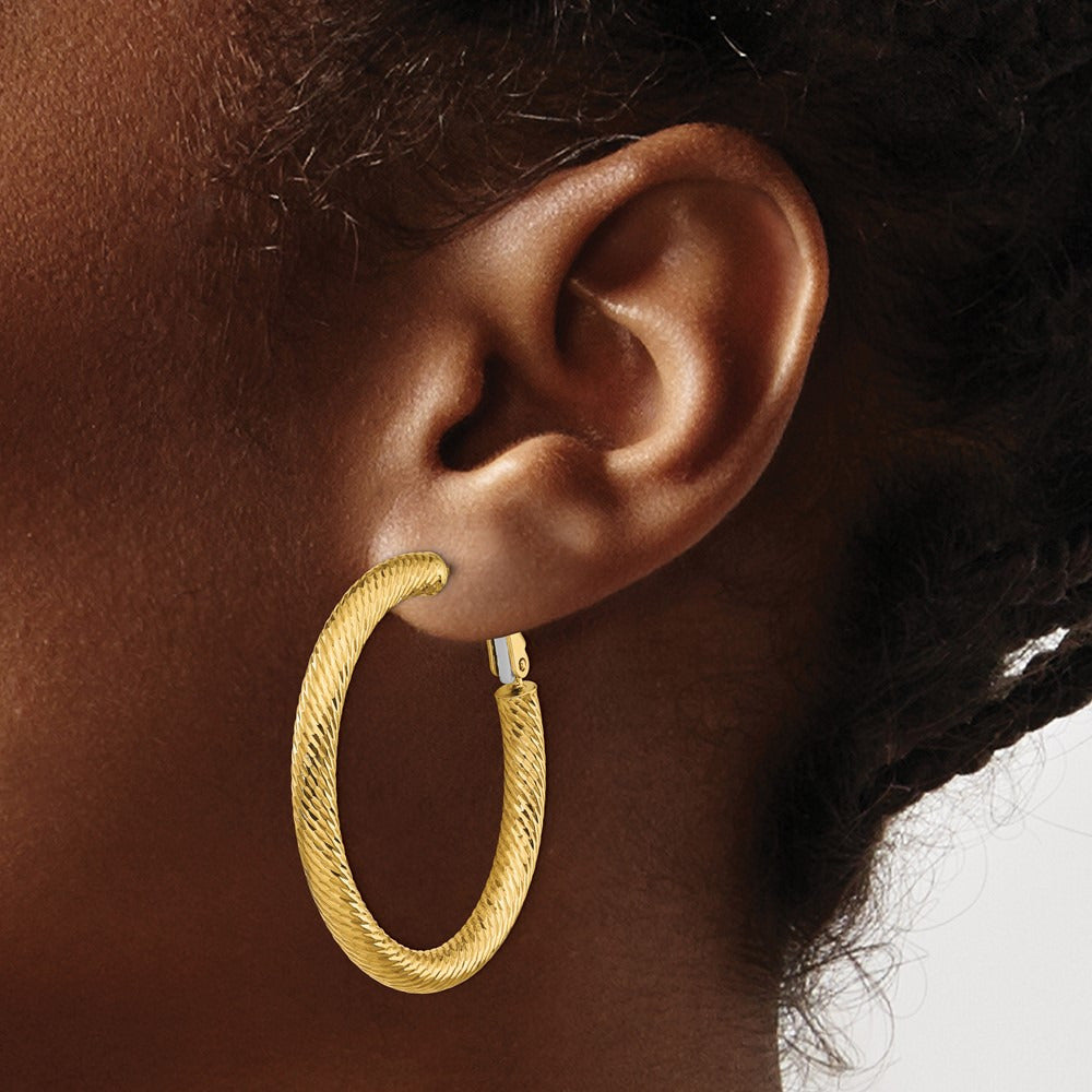 Diamond-cut Round Omega Back Hoop Earrings — 14K Yellow Gold, 4x40mm