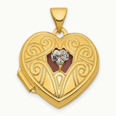 Polished White Topaz April Birthstone Heart Locket, 18mm, 14K