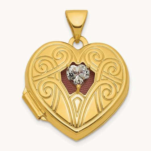 Polished White Topaz April Birthstone Heart Locket, 18mm, 14K