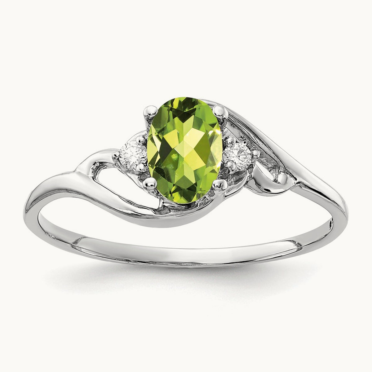6x4mm Oval Peridot AA Diamond ring, 14K White Gold