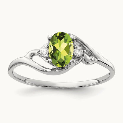 6x4mm Oval Peridot AA Diamond ring, 14K White Gold