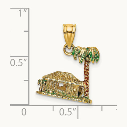 3-D W/Enamel Palm Tree and Hut Charm, 14K