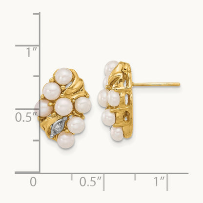 3- Button White FWC Pearl and .02ct Diamond Post Earrings, 4mm, 14K