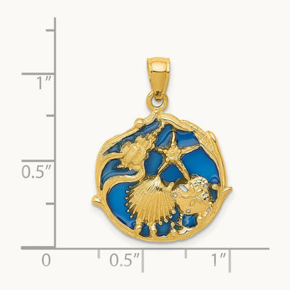 Blue Enameled Shell Cluster Pendant, 14K