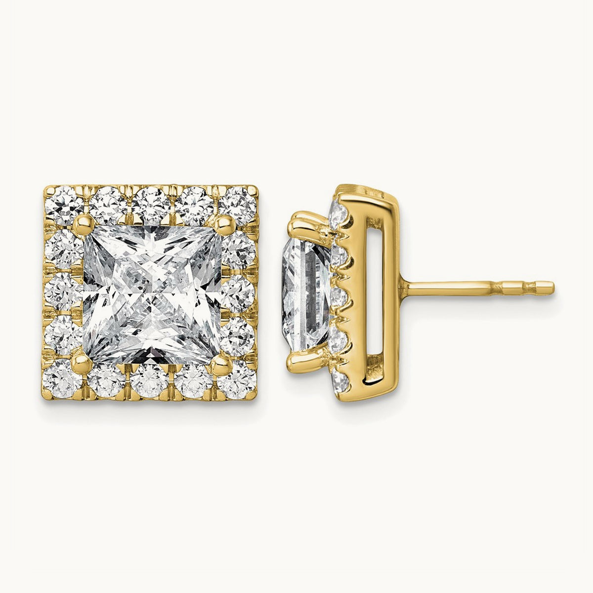 Princess Halo Post Earrings, 0.50-7.50 ct tw Lab-Grown Diamond — 7 5/8 ct, 14K Yellow Gold