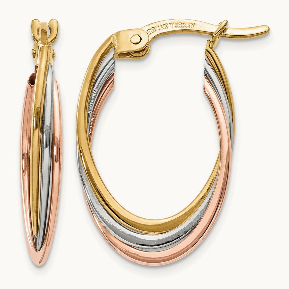Tri-Color Polished Oval Hoop Earrings, 14K