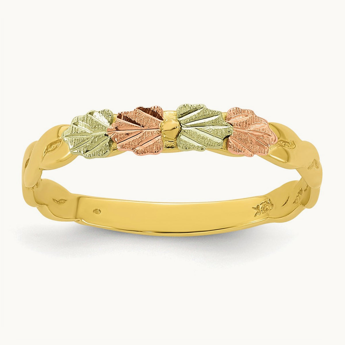 w/12k Accents Tri-color Black Hills Gold Diamond-cut Leaf Ring, 10K