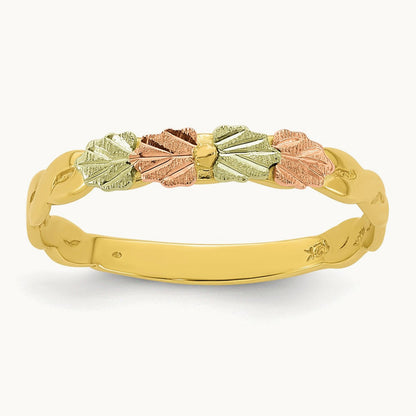 w/12k Accents Tri-color Black Hills Gold Diamond-cut Leaf Ring, 10K