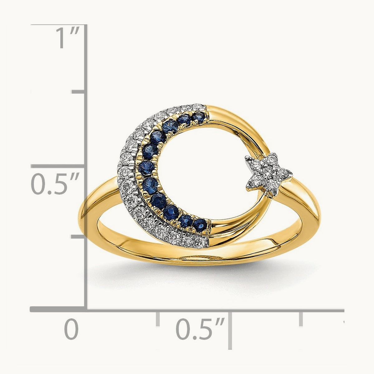 Polished Sapphire and Diamond Moon w/Star Ring, 14K