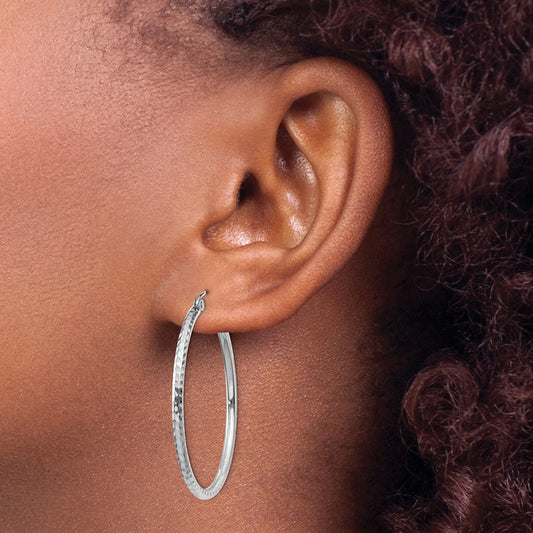 Diamond-cut Round Tube Hoop Earrings — 14K White Gold
