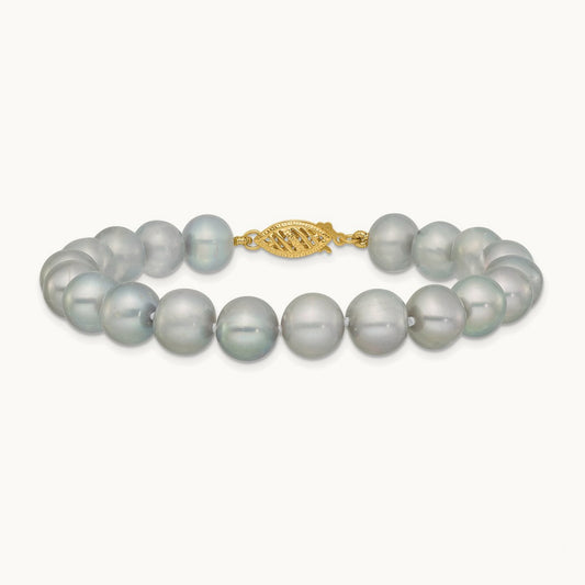 8- Near Round Grey Freshwater Cultured Pearl Bracelet, 9mm, 14K