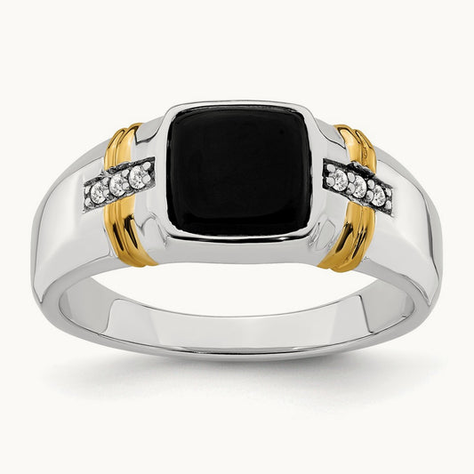 Onyx and Diamond Mens Ring, 14K Two-tone