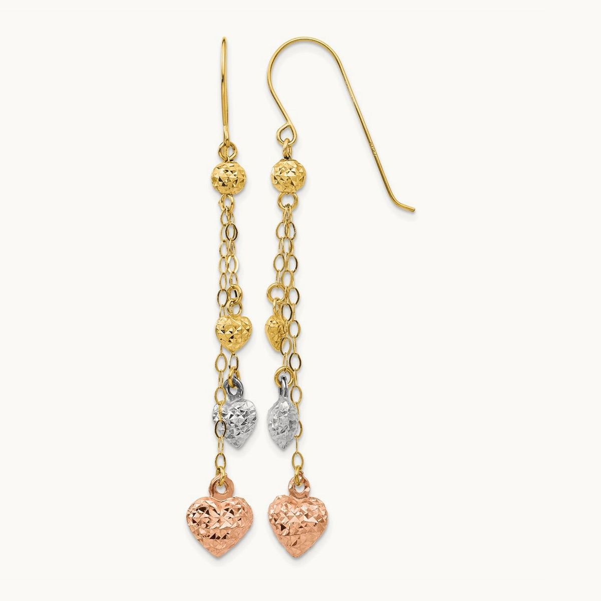 Tri-color Puff Heart Dangle Earrings, 14K