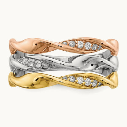 Tri-color Diamond Fancy Triple Twist Ring, 14K