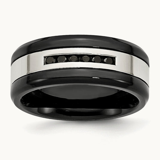 Polished Black IP-plated 1/4ct Black Diamond Band, 9mm, Stainless Steel