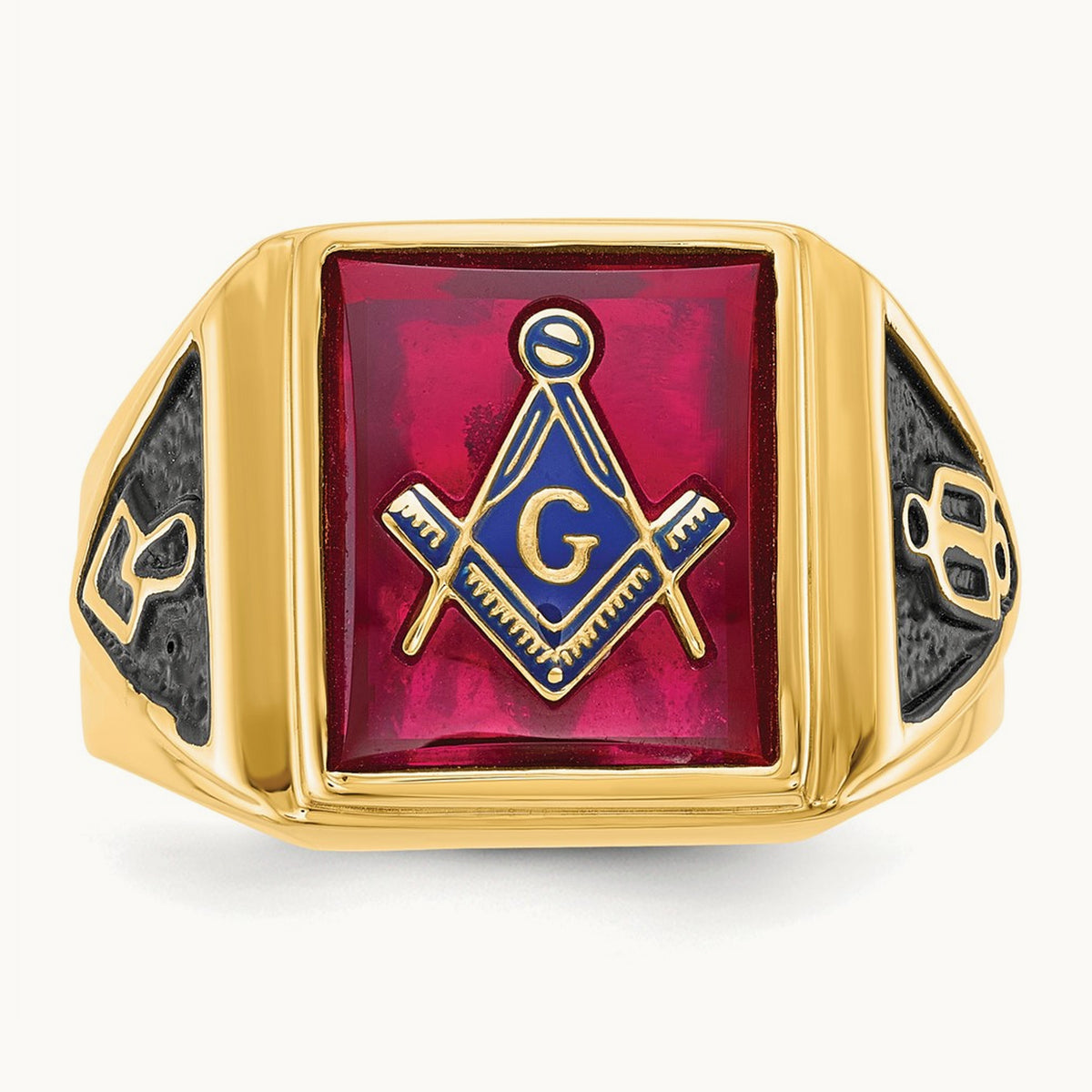 Men's Textured w/ Black Enamel & Lab Cr. Ruby Masonic Ring, 14K