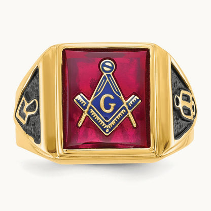 Men's Textured w/ Black Enamel & Lab Cr. Ruby Masonic Ring, 14K
