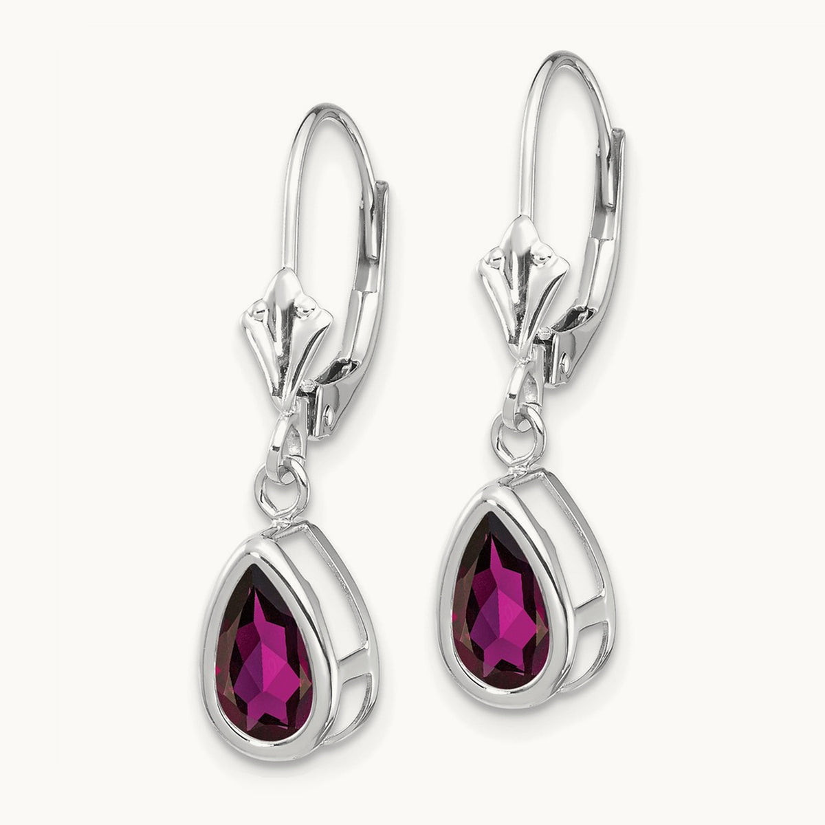 8x5mm Pear Rhodolite Garnet Leverback Earrings, 14K White Gold