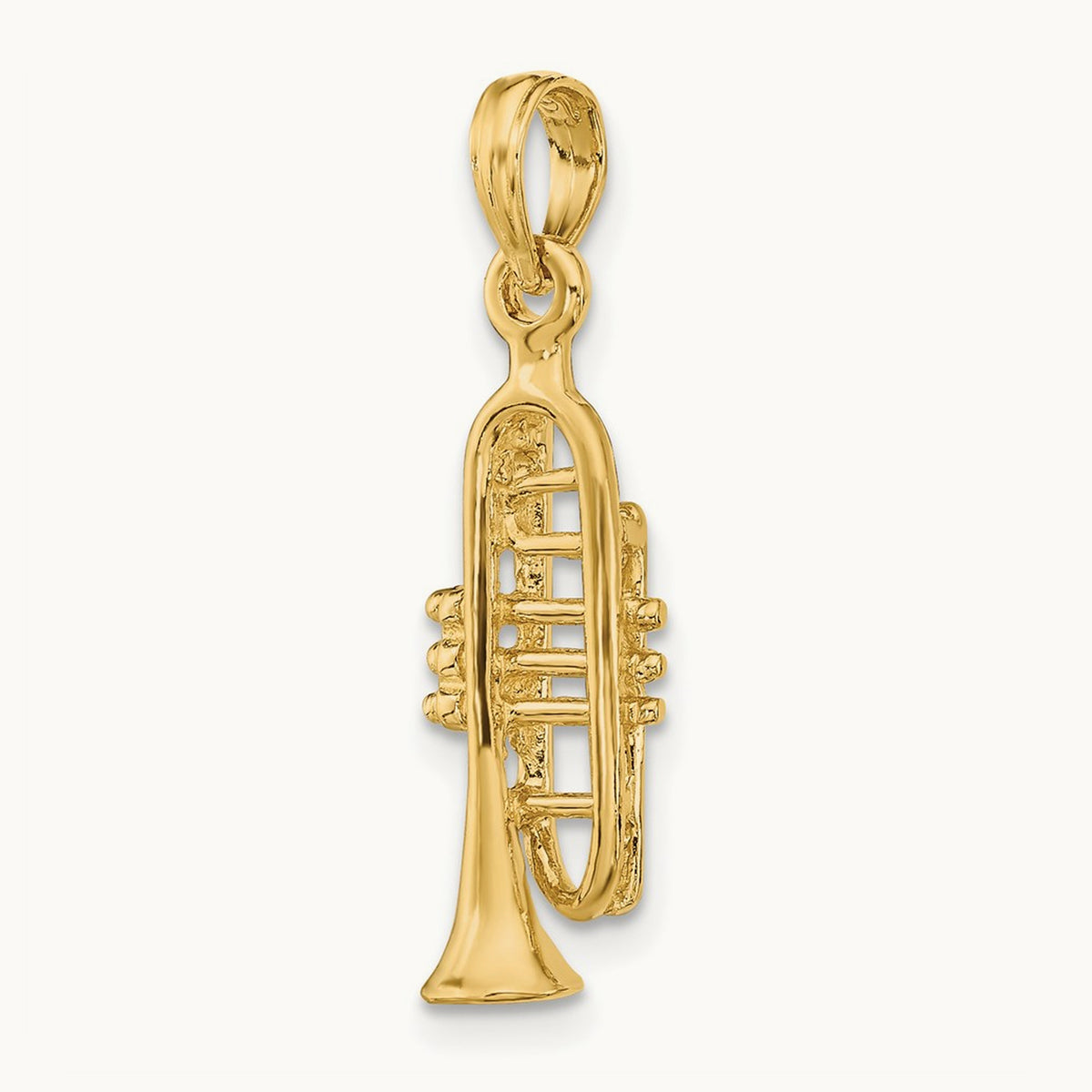 Solid Polished 3-D Trumpet Pendant — 14K Yellow Gold