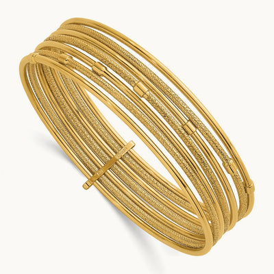 Polished and Textured 7 Row Slip On Bangle, 14K