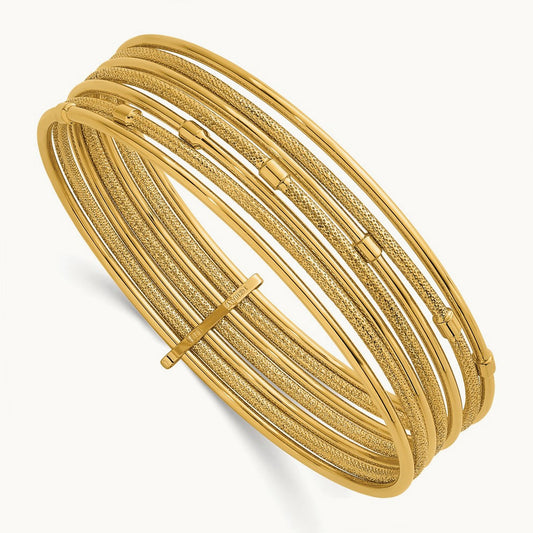 Polished and Textured 7 Row Slip On Bangle, 14K
