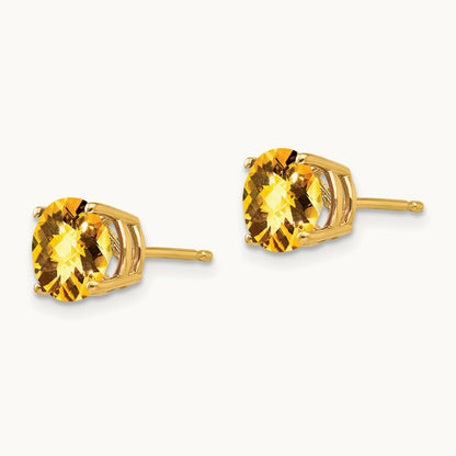 Citrine Checker Earrings, 7mm, 14K