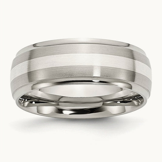 Sterling Silver Inlay Brushed/Polished Ridged Edge Band — photo set