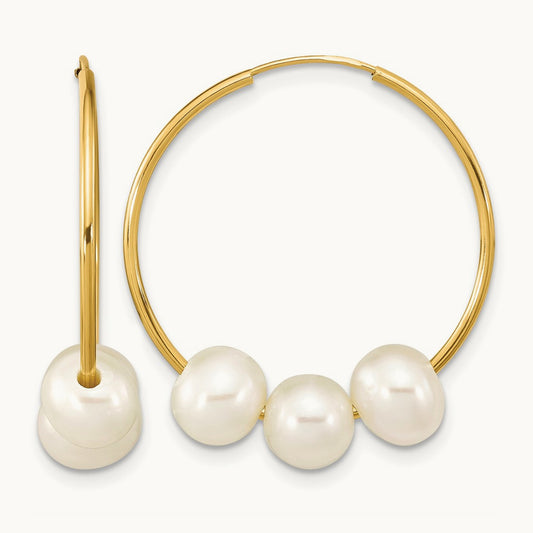 6- Semi-round White FWC Pearl Hoop Dangle Earrings, 7mm, 14K