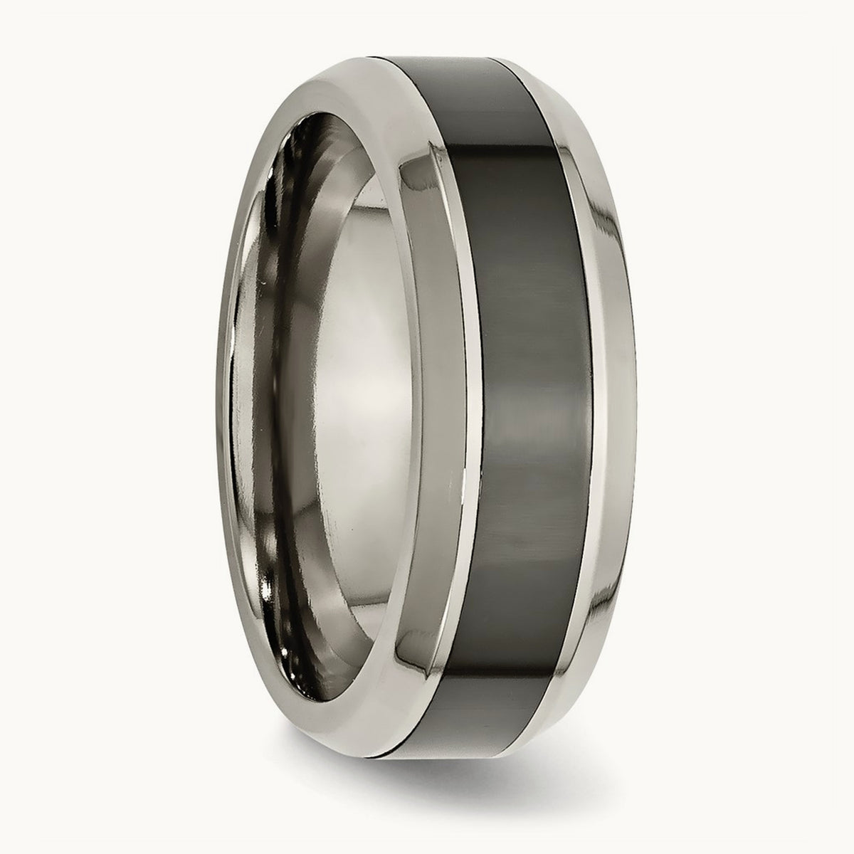 Polished with Black Ceramic Center Beveled Band — photo set
